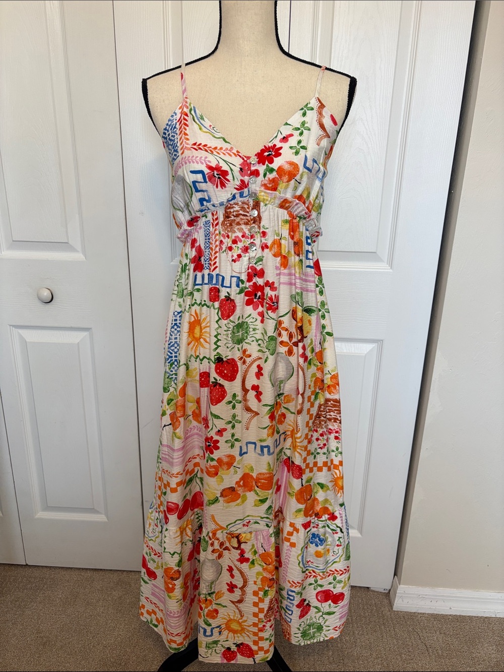 NWT Very J Vibrant Fruit & Floral Print Tiered Maxi Dress - Size Small.